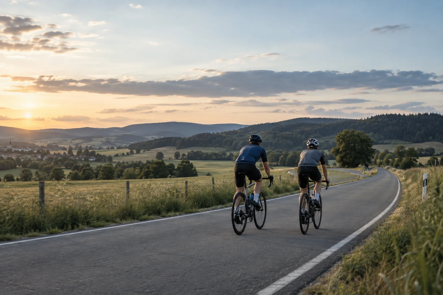 Zwei Rennradfahrer auf einer ruhigen Landstraße bei Abendlicht