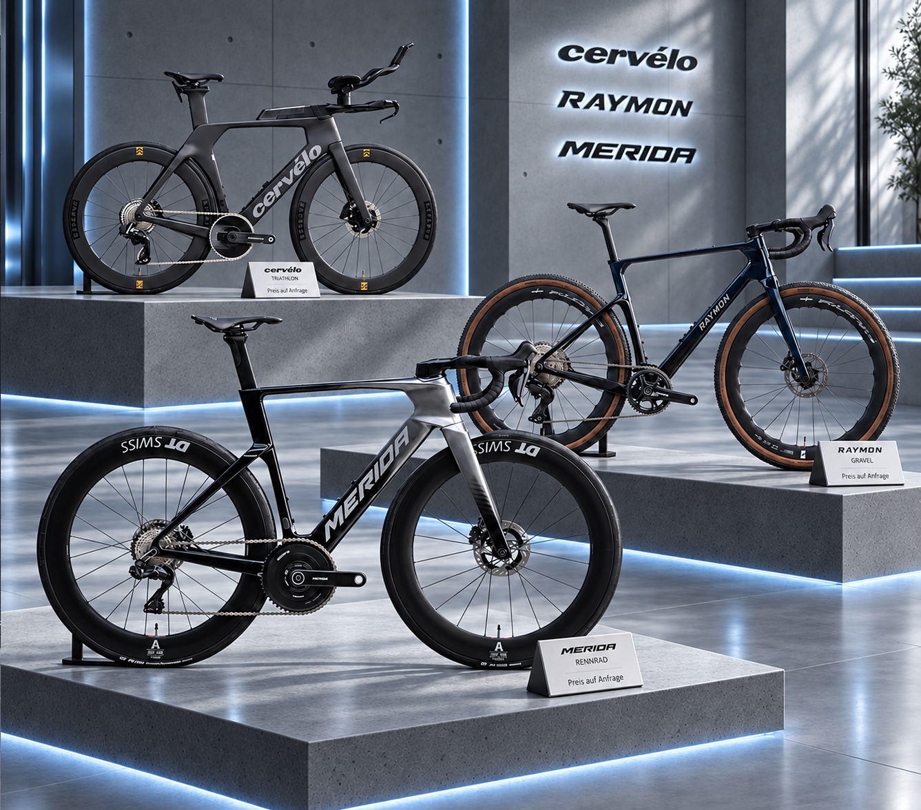 Rennrad, Gravelbike und Triathlonrad in einer hochwertigen Betonausstellung mit natürlichem Lichteinfall.
