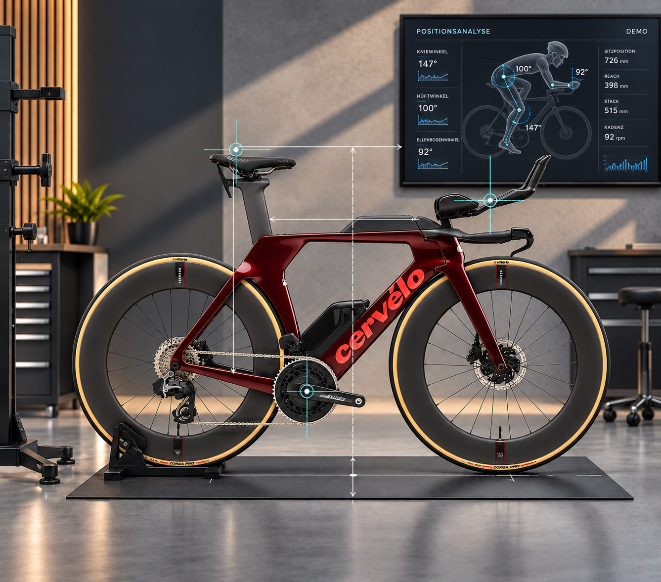 Illustration eines Triathlonrades mit dargestellten Positionsmaßen