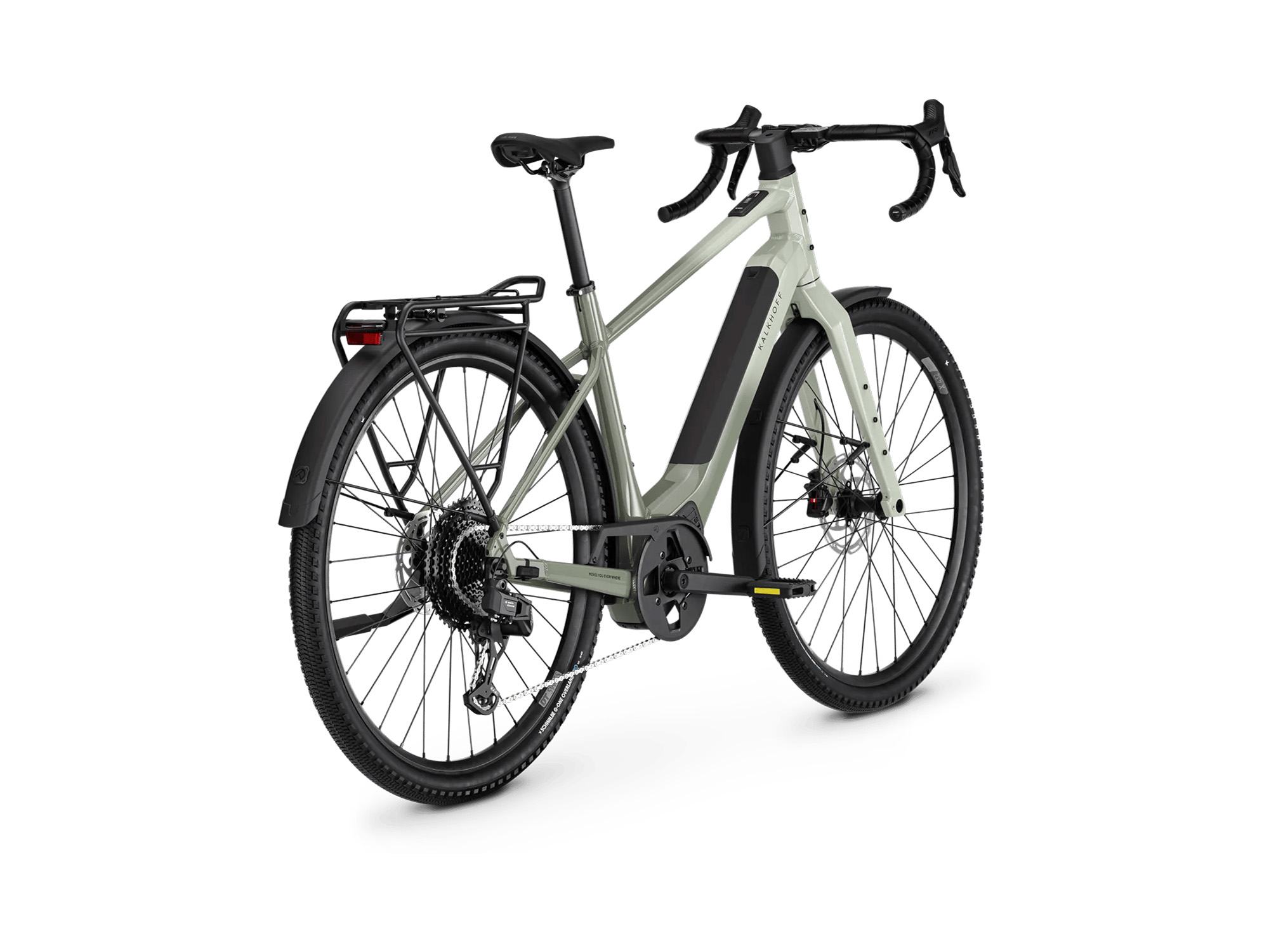 Kalkhoff ENDEAVOUR L TOURING Diamant 400 Wh aquagrey glossy/fennelgreen glossy | 2027 – Schrägansicht hinten