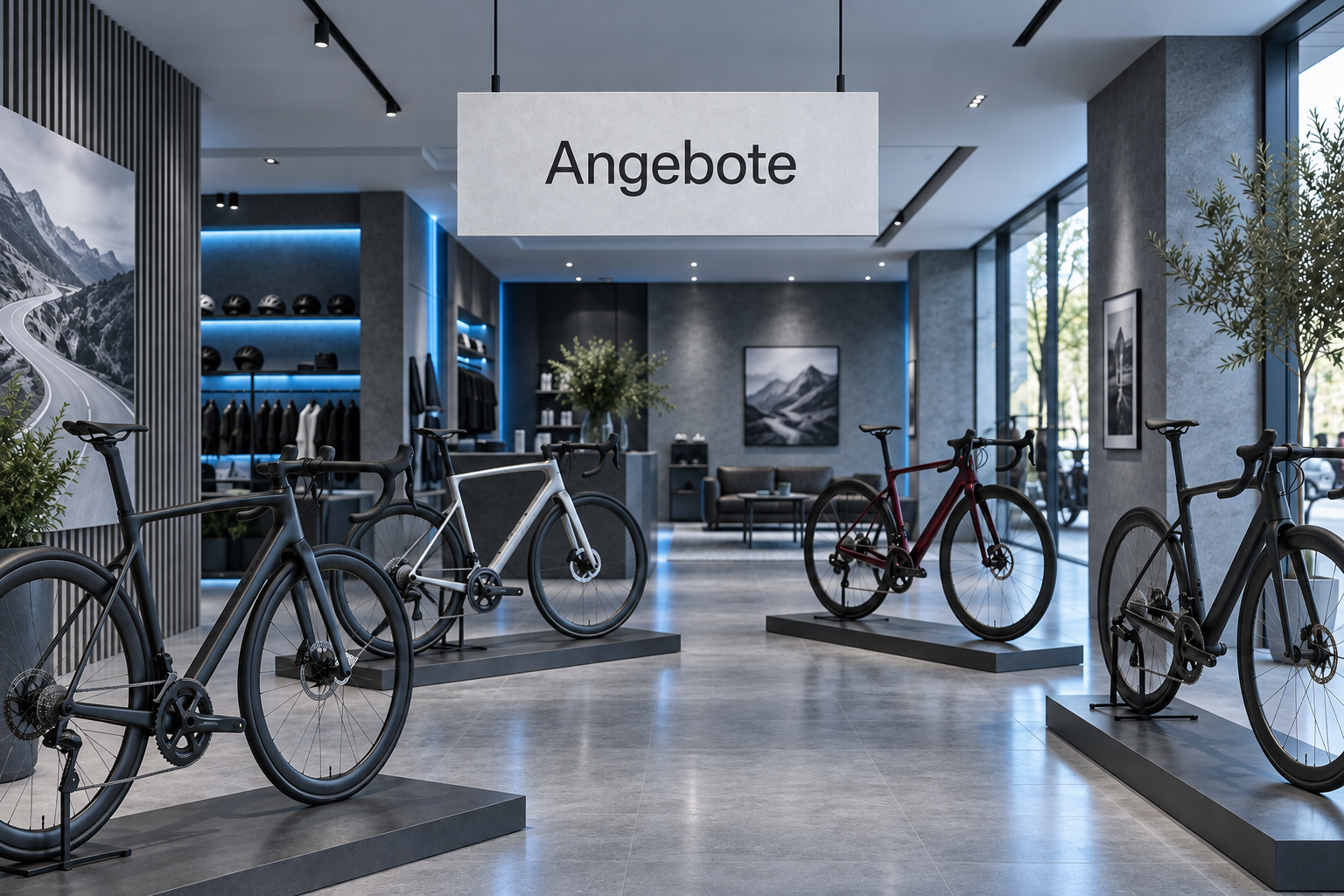 Grauer Premium-Showroom mit blauem Licht, vier Rennrädern und Angebote-Tafel – KI-generiertes Symbolmotiv