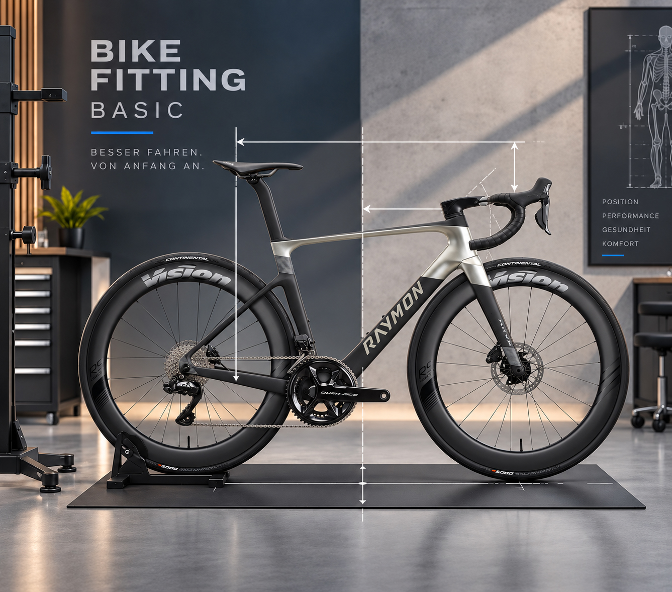 RAYMON-Rennrad im Bikefitting-Studio mit schematischen Maßlinien für die Fahrradeinstellung.