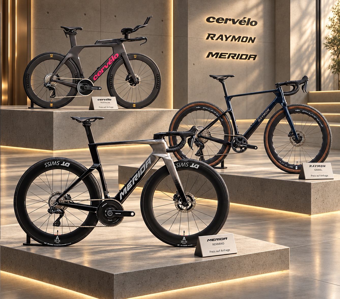 Rennrad, Gravelbike und Triathlonrad in einer hochwertigen Betonausstellung mit natürlichem Lichteinfall.
