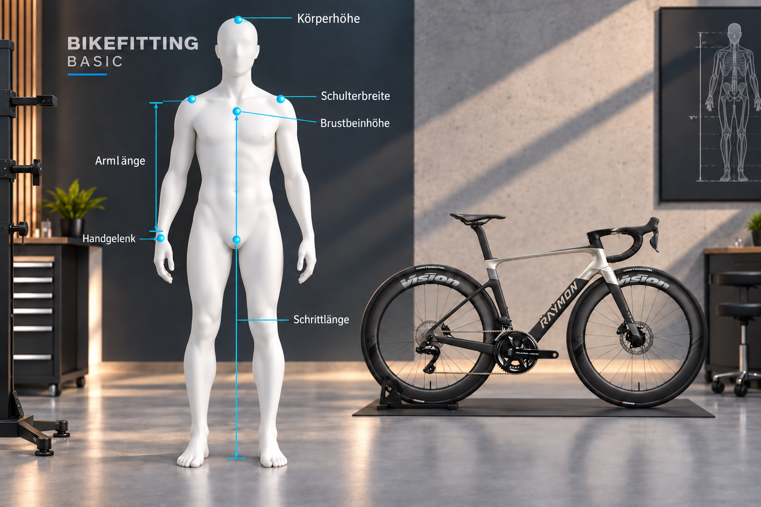 Schematische Körpervermessung mit markierten Messpunkten für das Bikefitting.